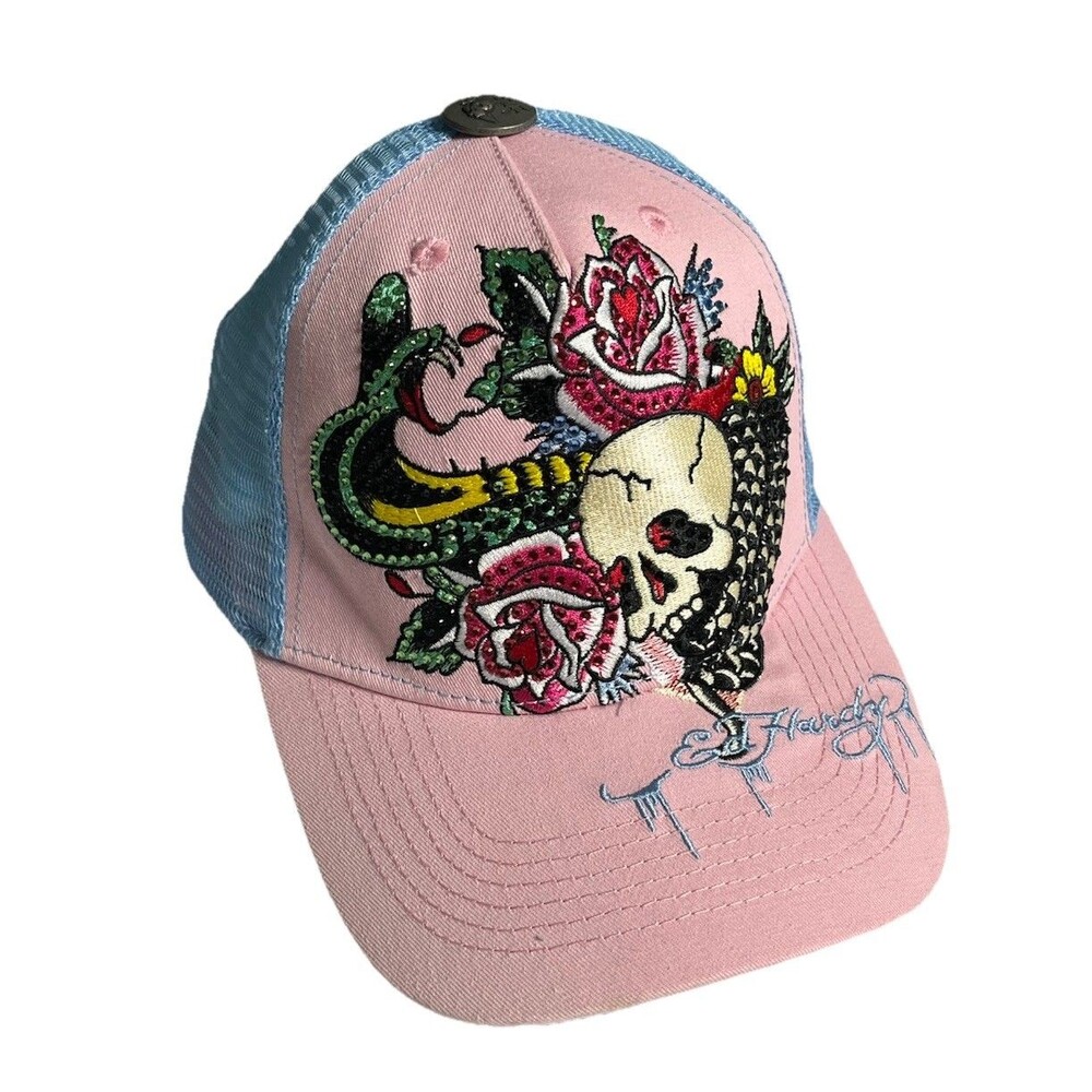 Ed Hardy Sick Rhinestone Cobra Skull SnapBack Hat Pink/Sky